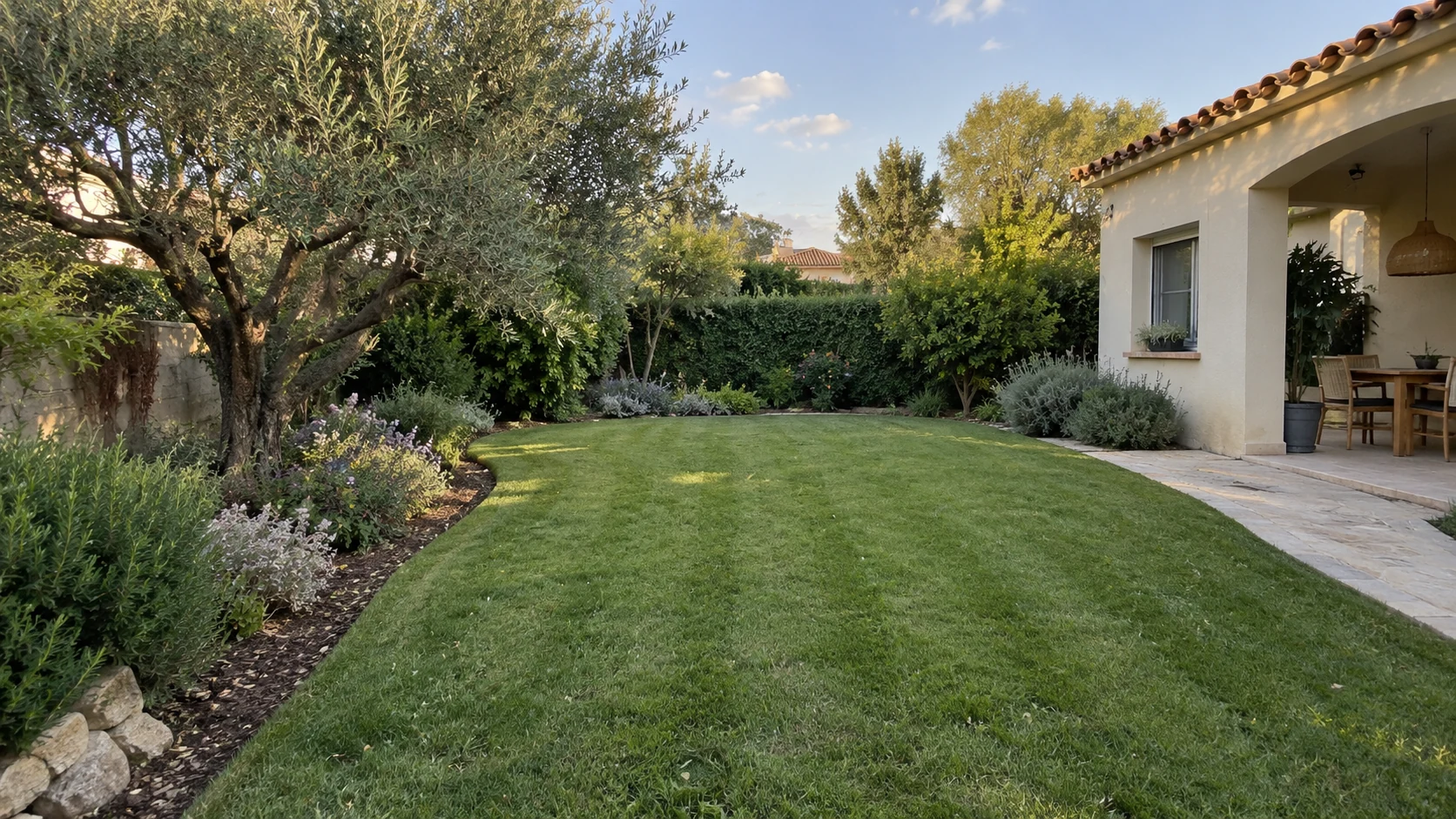 Ejemplo generado con IA: el mismo jardín con césped cortado, bordes limpios y plantas cuidadas.
